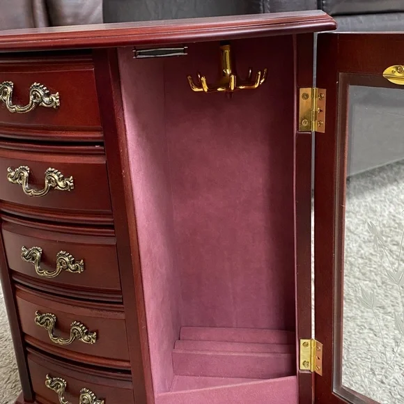 Classic Red Wooden Jewelry Armoire with Glass Door - Picture 7 of 11